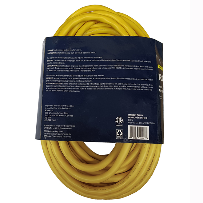 RONA Electric Extension Cord 15-m for Outdoors with Locking Connector - Yellow