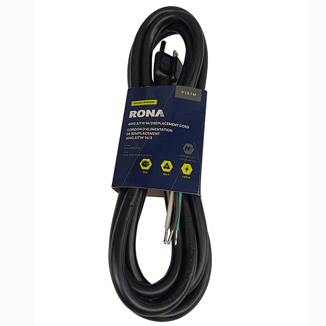 RONA Replacement Power Cord 9-ft with 3 Wires and 1 Plug - Black
