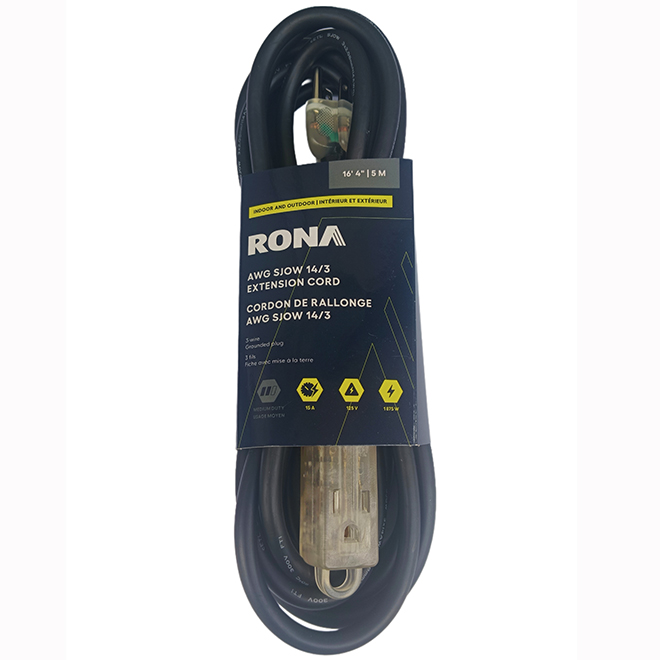 RONA Electric Cord 5-m with 3 Outlets and Lighted Ends for Outdoors - Black