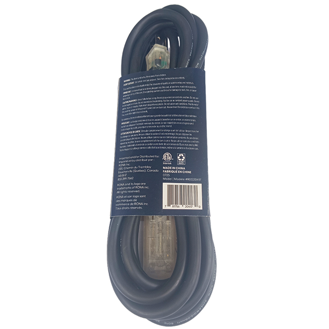 RONA Electric Cord 5-m with 3 Outlets and Lighted Ends for Outdoors - Black