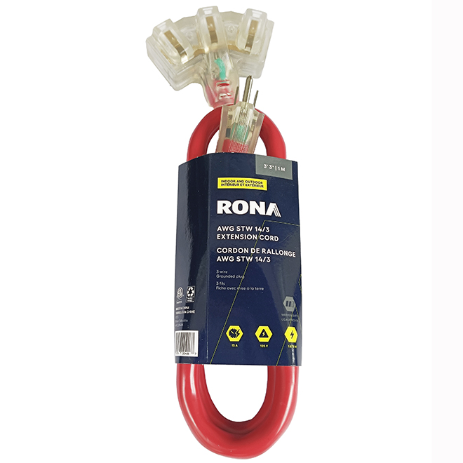 RONA Electric Cord 1-m with 3 Outlets and Lighted Ends for Outdoors - Red