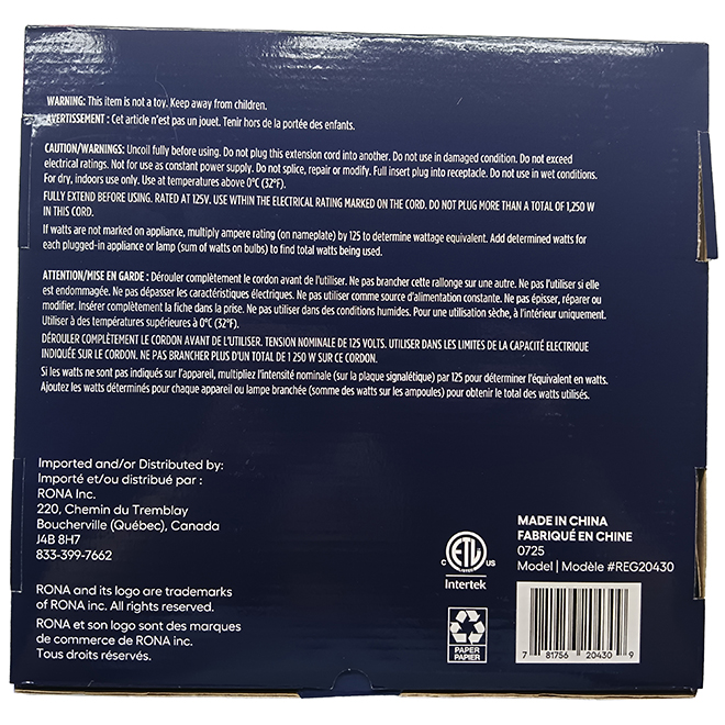 RONA Extension Power Cord with Reel Retractable with 3 Outlets - 30-ft