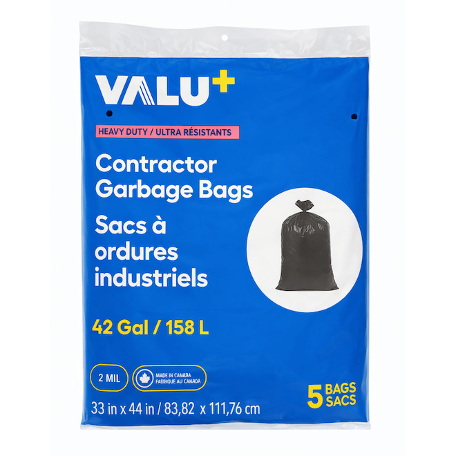 VALU+ Contractor Garbage Bags Heavy Duty 2 Mil 33 x 44-in - Pack of 5