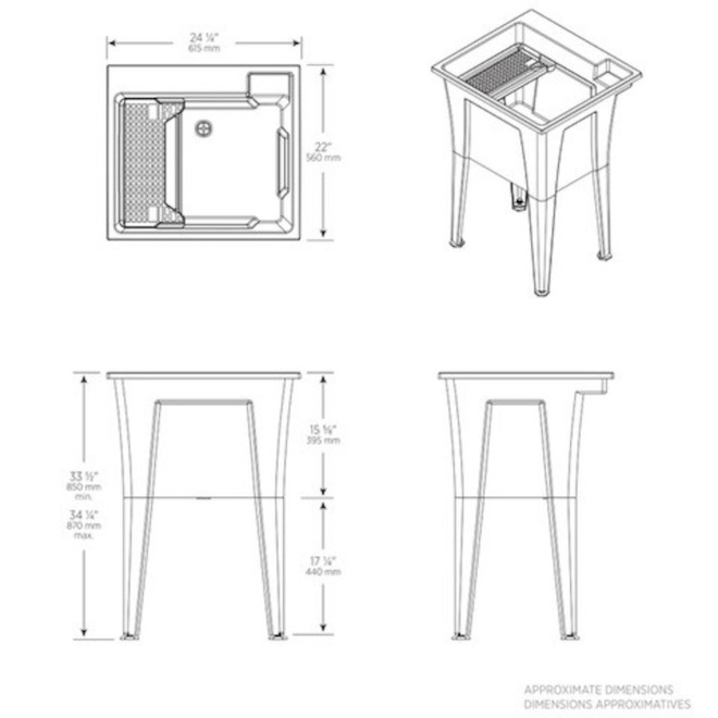 Évier de buanderie autoportante en graphite 24 po avec robinet Technoform, polypropylène, ajustable en hauteur