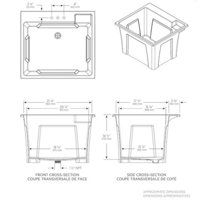 Évier de buanderie autoportante en graphite 24 po avec robinet Technoform, polypropylène, ajustable en hauteur