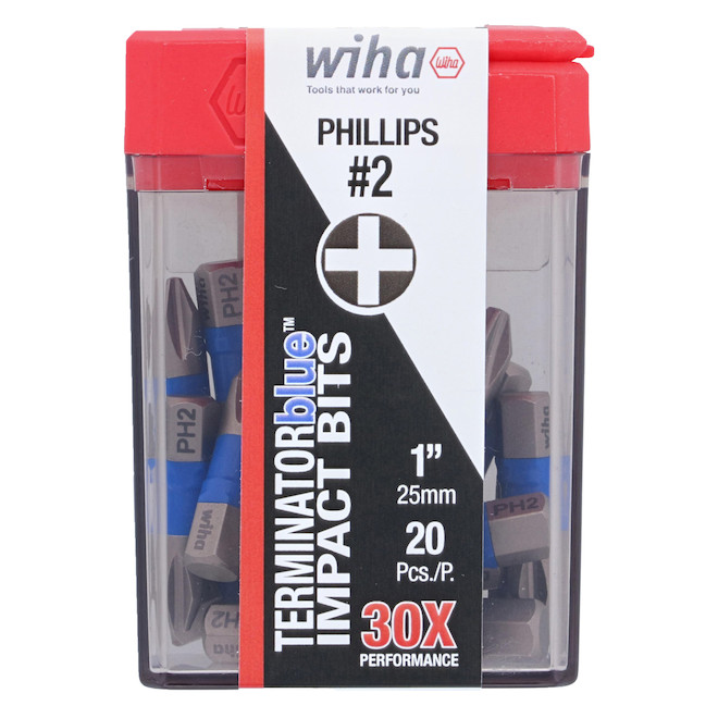 Wiha TerminatorBlue Impact Steel #2 Phillips Screwdriver Bits - 1-in - 20 Pieces