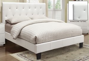 Queen Faux Leather Crystal Tufted Platform Bed - White