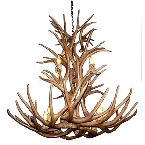 Chandelier en faux bois de cerf mulet, 12 lumières, brun