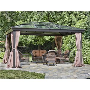 Abri-soleil Gazebo Penguin 12 x 16 pi rectangle en aluminium brun à toit de polycarbonate, rideaux moustiquaires/opaques