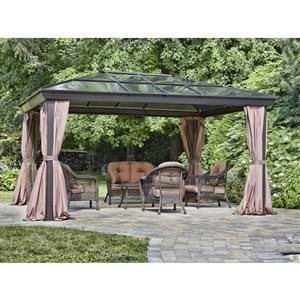 Gazebo Penguin 12 x 14-ft Rectangle Polycarbonate-Roof Brown Aluminum Gazebo with Screening and Intimacy Curtains