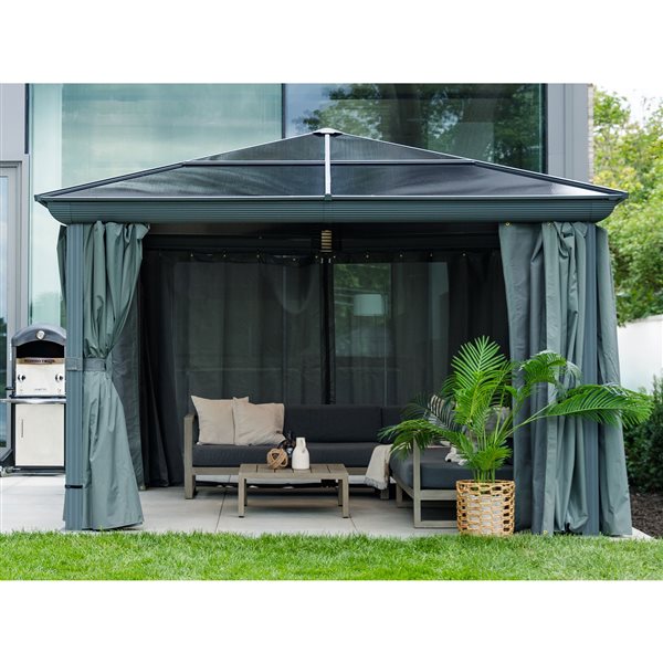 Abri-soleil Gazebo Penguin rectangle en aluminium gris à toit polycarbonate et moustiquaire 14 x 10 x 9 pi