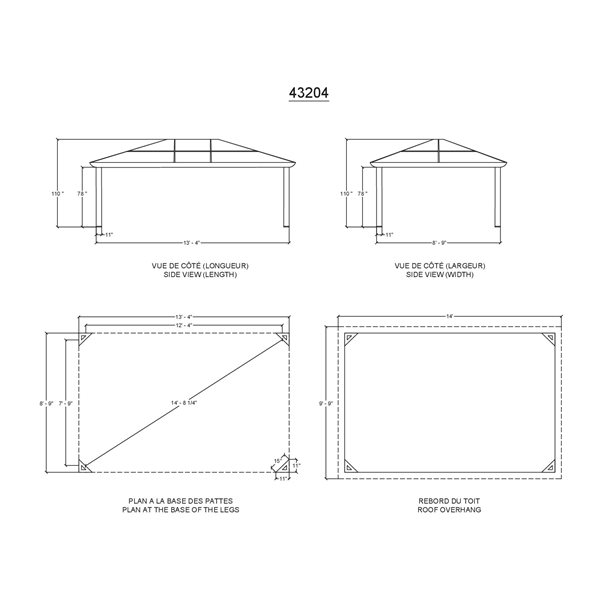 Abri-soleil Gazebo Penguin rectangle en aluminium gris à toit polycarbonate et moustiquaire 14 x 10 x 9 pi