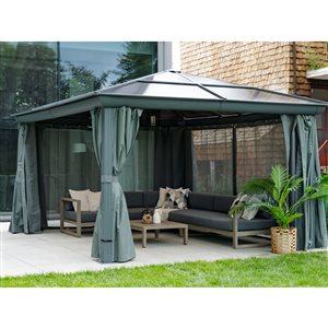 Abri-soleil Gazebo Penguin rectangle en aluminium gris à toit polycarbonate et moustiquaire 14 x 10 x 9 pi