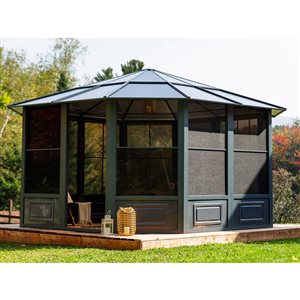 Solarium Florence de Gazebo Penguin 12 x 12 pi hexagone en aluminium gris à toit de polycarbonate