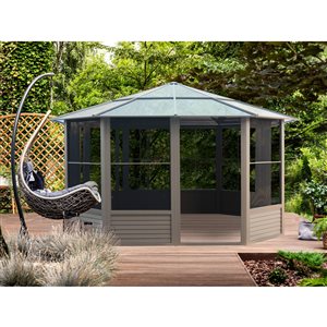 Solarium de Gazebo Penguin 12 x 12 pi hexagone en aluminium brun quatre saisons à toit de polycarbonate