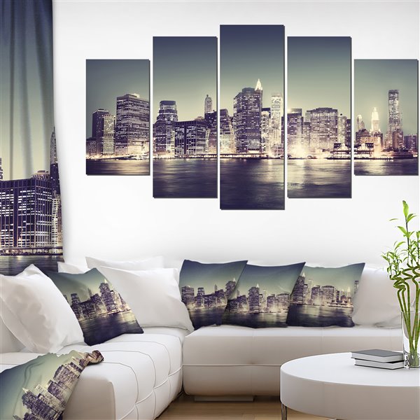 Designart Canada New York Night 32-in x 60-in 5 Panel Wall Art
