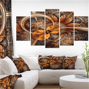 Tableau, fleur fractale orange foncé, 32" x 60", 5 panneaux