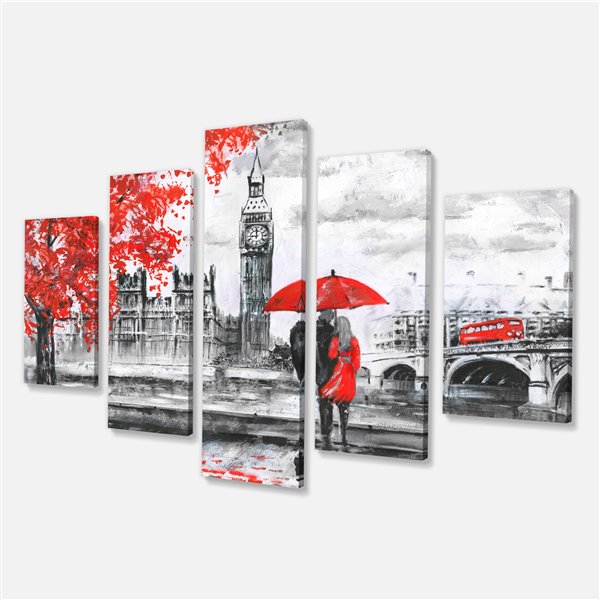 Designart Canada Couple Walking in London Print on Canvas 32-in x 60-in 5 Panel Wall Art