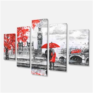 Designart Canada Couple Walking in London Print on Canvas 32-in x 60-in 5 Panel Wall Art