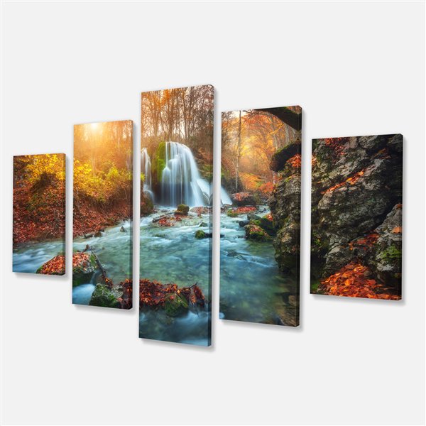 Designart Canada Fall River in Forest 32-in x 60-in 5 Panel Wall Art