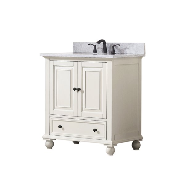 Avanity Thompson 31-in French White Single Sink Bathroom Vanity with Carrera Marble Top