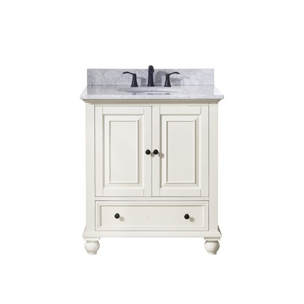 Avanity Thompson 31-in French White Single Sink Bathroom Vanity with Carrera Marble Top