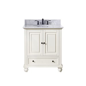 Avanity Thompson 31-in French White Single Sink Bathroom Vanity with Carrera Marble Top