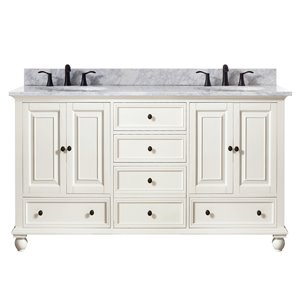 Meuble-lavabo double Thompson d'Avanity de 61 po blanc français avec comptoir de marbre de Carrare