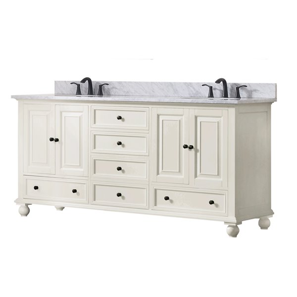 Meuble-lavabo double Thompson d'Avanity de 73 po blanc français avec comptoir de marbre de Carrare