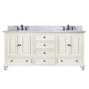 Meuble-lavabo double Thompson d'Avanity de 73 po blanc français avec comptoir de marbre de Carrare