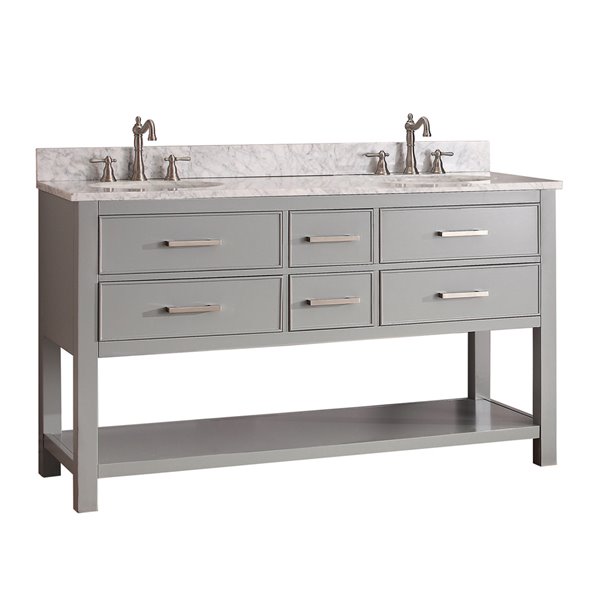 Avanity Brooks 61-in Chilled Grey Double Sink Bathroom Vanity with Carrera White Marble Top