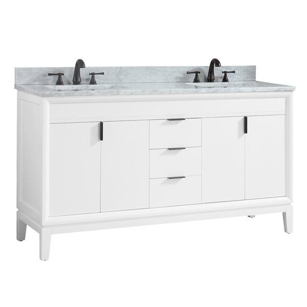 Meuble-lavabo double Emma d'Avanity de 61 po blanc avec comptoir en marbre de Carrare