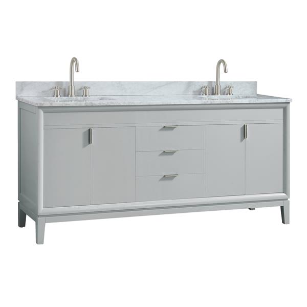 Meuble-lavabo double Emma d'Avanity de 73 po gris tourterelle avec comptoir en marbre de Carrare