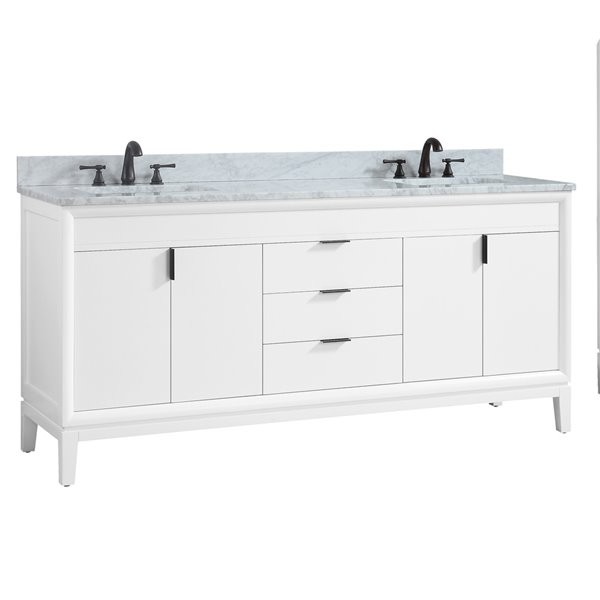 Meuble-lavabo double Emma d'Avanity de 73 po blanc avec comptoir en marbre de Carrare