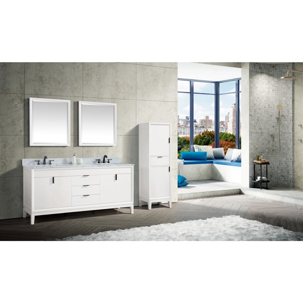 Meuble-lavabo double Emma d'Avanity de 73 po blanc avec comptoir en marbre de Carrare