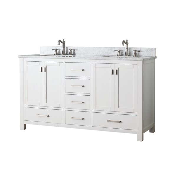 Meuble-lavabo double Modero d'Avanity blanc de 61 po avec comptoir de marbre de Carrare