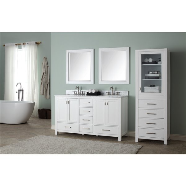 Meuble-lavabo double Modero d'Avanity blanc de 61 po avec comptoir de marbre de Carrare