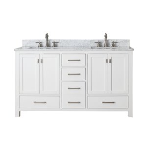 Meuble-lavabo double Modero d'Avanity blanc de 61 po avec comptoir de marbre de Carrare