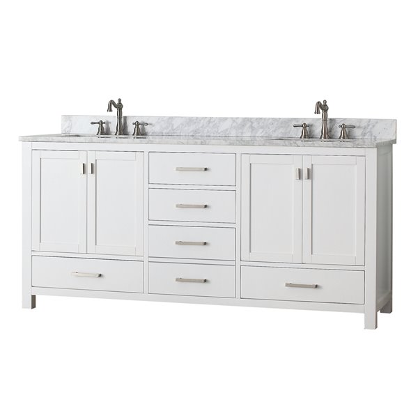 Meuble-lavabo double Modero d'Avanity blanc de 73 po avec comptoir de marbre de Carrare