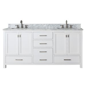 Meuble-lavabo double Modero d'Avanity blanc de 73 po avec comptoir de marbre de Carrare