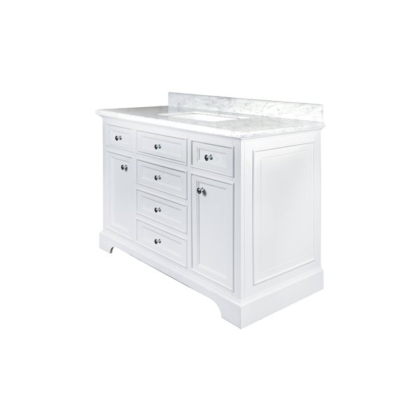 Meuble-lavabo simple blanc Milanew de GET avec comptoir en marbre de Carrare Blanc de 48 po