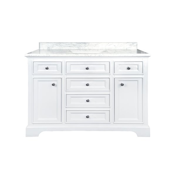 White Single Sink Bathroom Vanity, 48 In White Single Sink Bathroom Vanity With Natural Carrara Marble Top