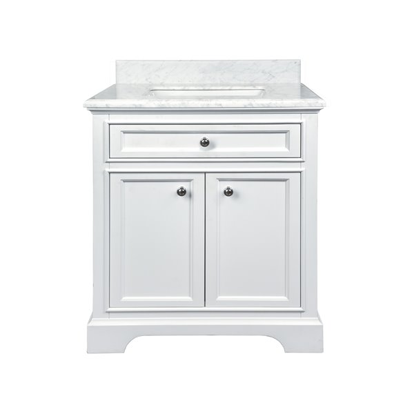 White Single Sink Bathroom Vanity With, White Bathroom Vanity With Carrera Marble Top
