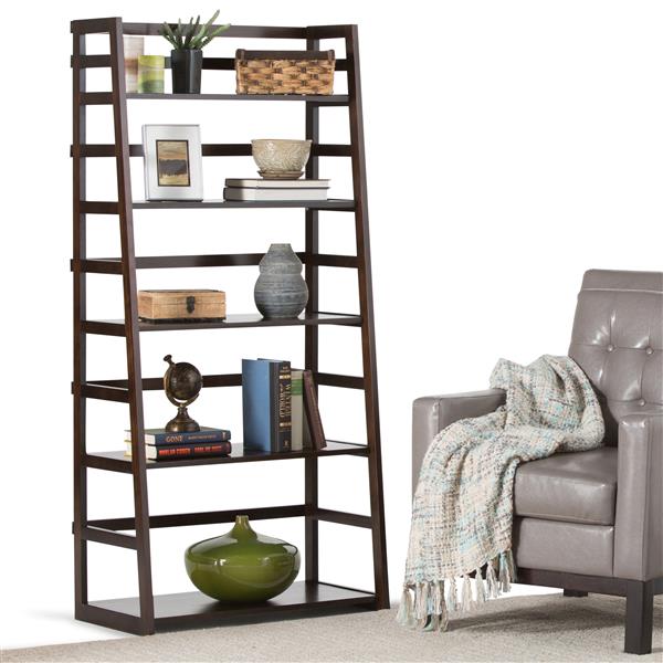 Simpli Home Acadian Pine 5 Shelves Tobacco Brown Ladder Bookcase