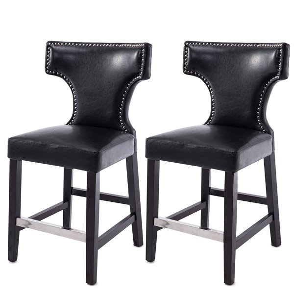 CorLiving Kings Black Bonded Leather Counter Stool with Metal Buttons (Set of 2)