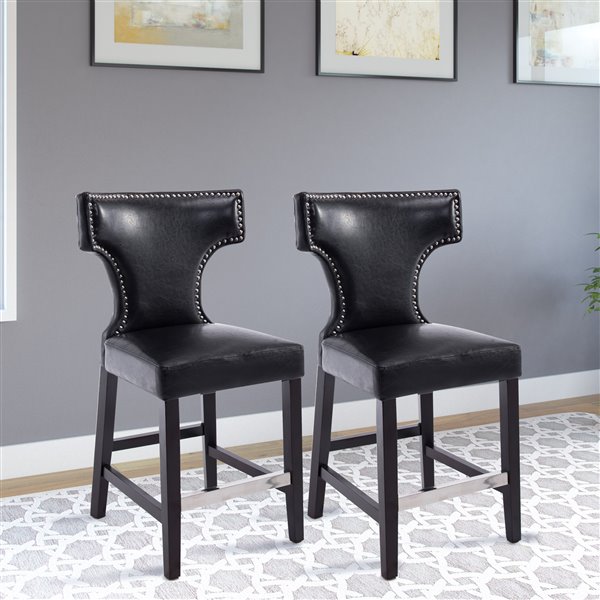 CorLiving Kings Black Bonded Leather Counter Stool with Metal Buttons (Set of 2)