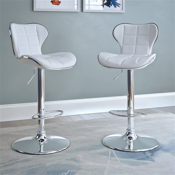 CorLiving White Square Tufted Bonded Leather Adjustable Bar Stool (Set of 2)