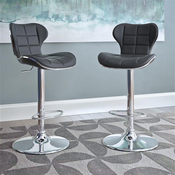 CorLiving Black Square Tufted Bonded Leather Adjustable Bar Stool (Set of 2)
