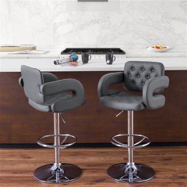 CorLiving Dark Grey Button Tufted Bonded Leather Bar Stool with Armrests (Set of 2)