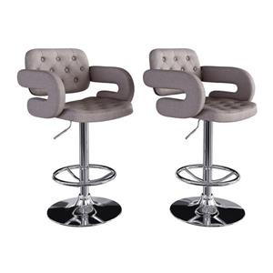 CorLiving Medium Grey Button Tufted Fabric Adjustable Bar Stool with Armrests (Set of 2)